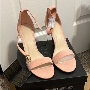 Pink open toe ankle strap heels